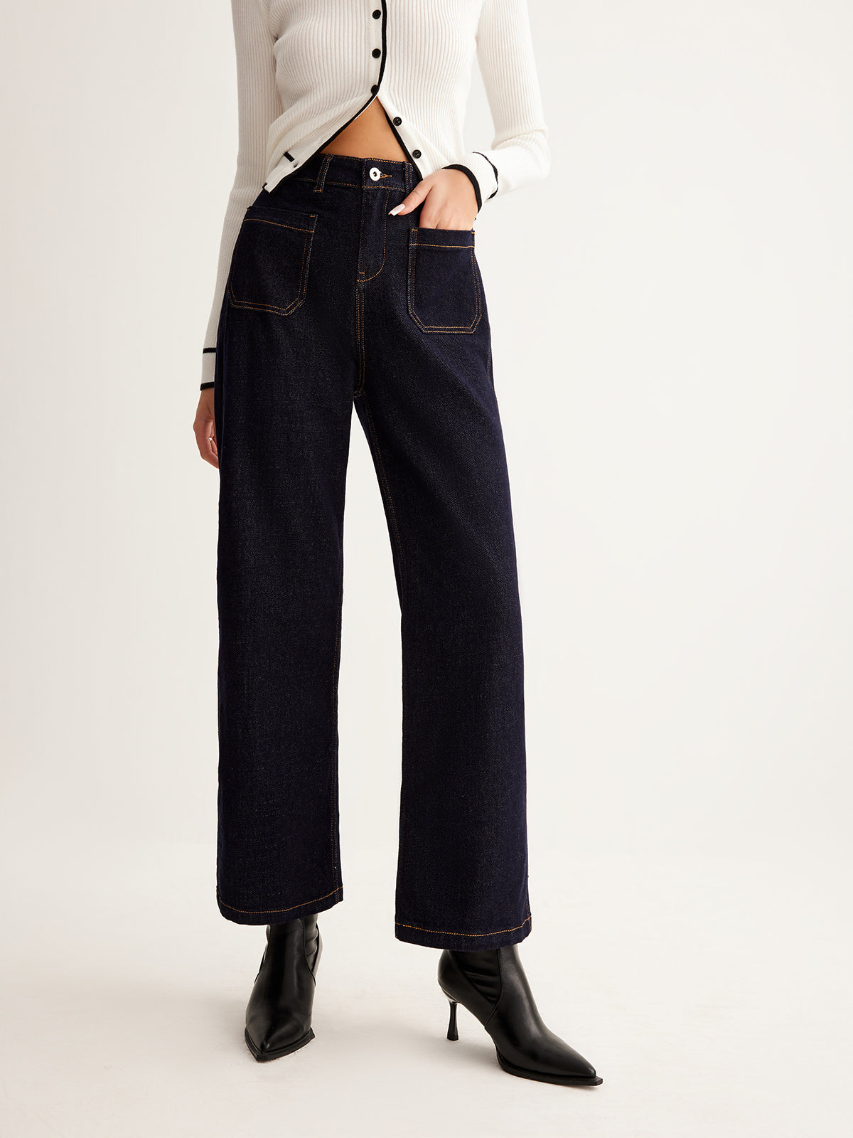 Retro Contrast Topstitching Straight Pants Shine Aura