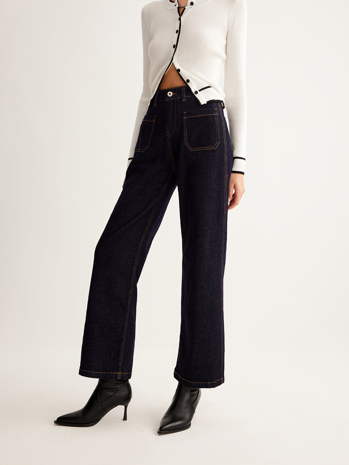 Retro Contrast Topstitching Straight Pants Shine Aura