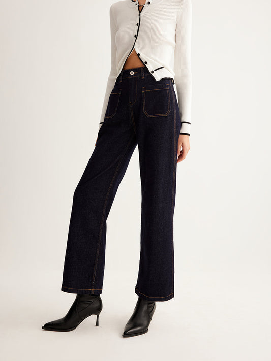 Retro Contrast Topstitching Straight Pants Shine Aura