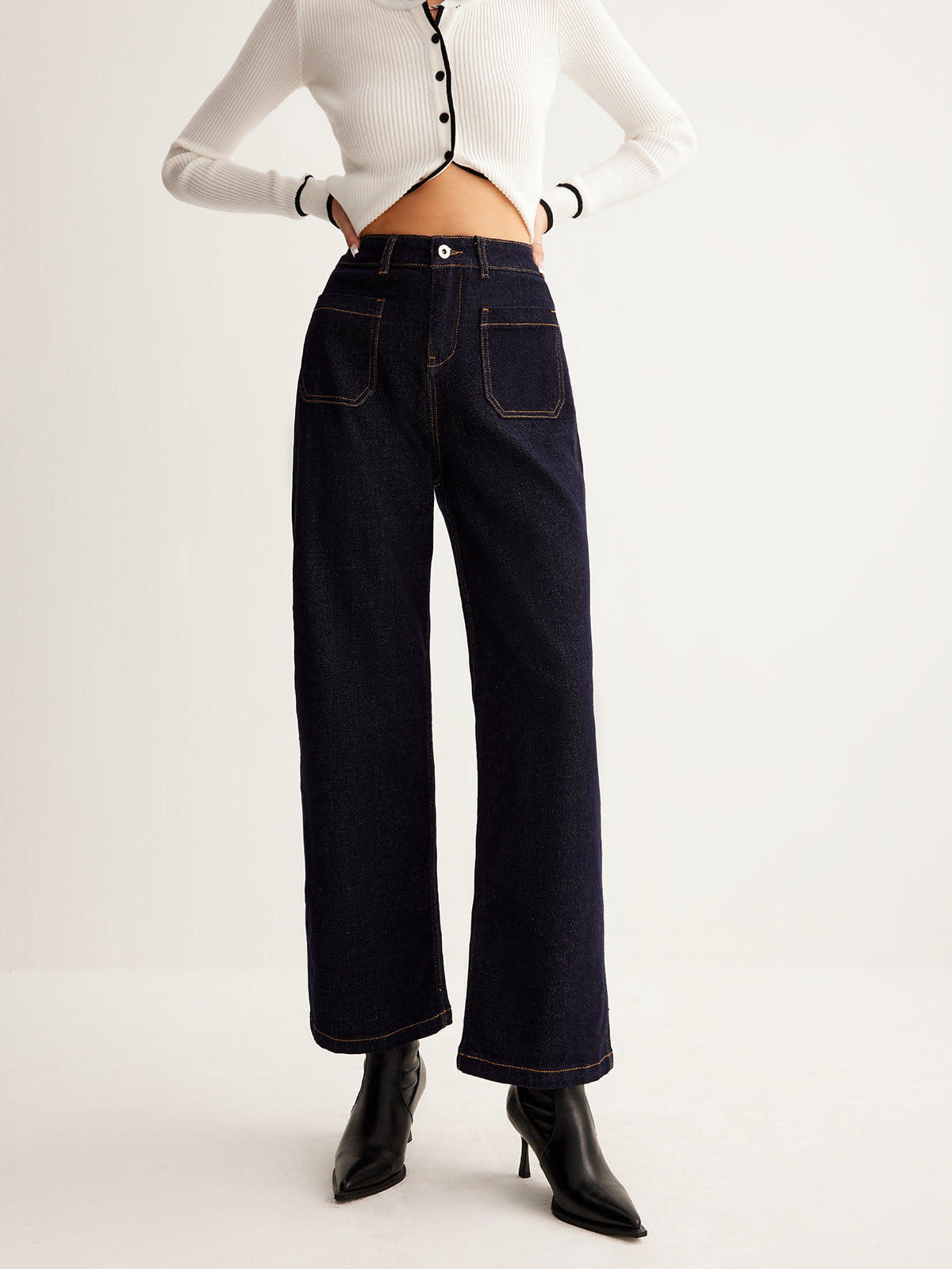 Retro Contrast Topstitching Straight Pants Shine Aura