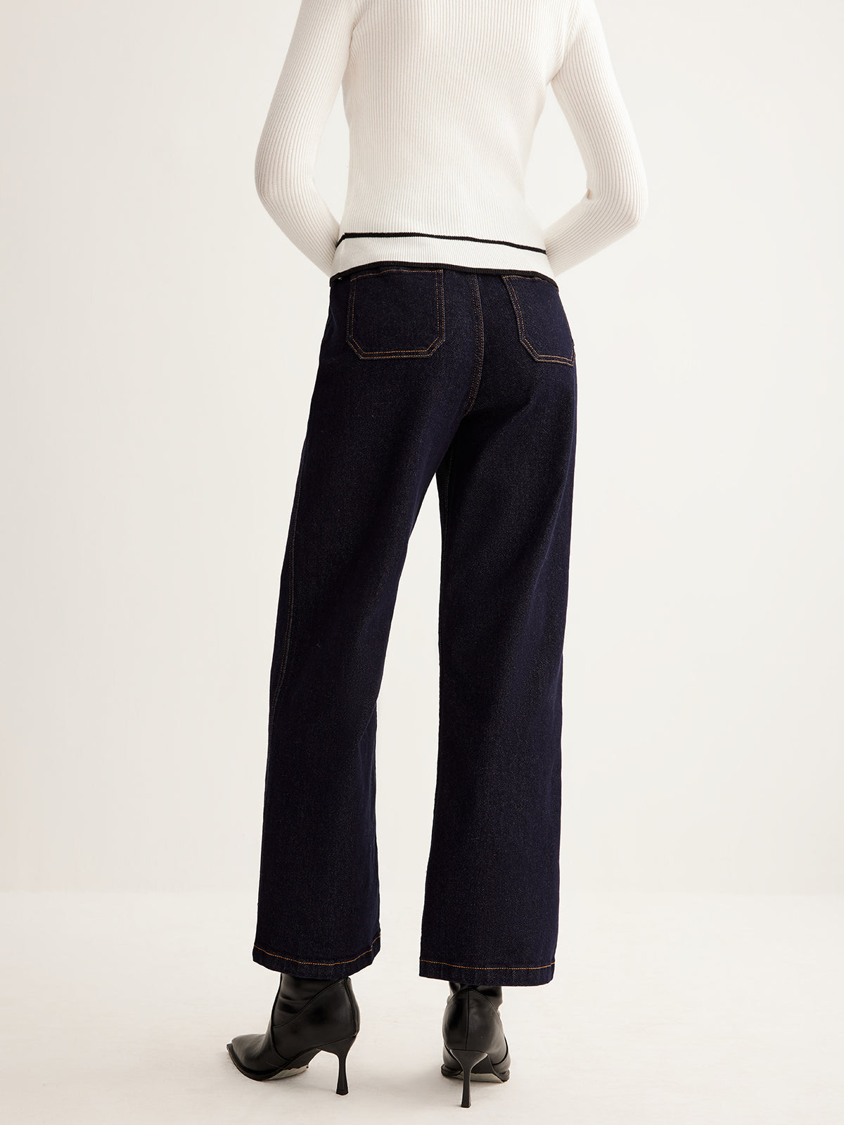 Retro Contrast Topstitching Straight Pants Shine Aura