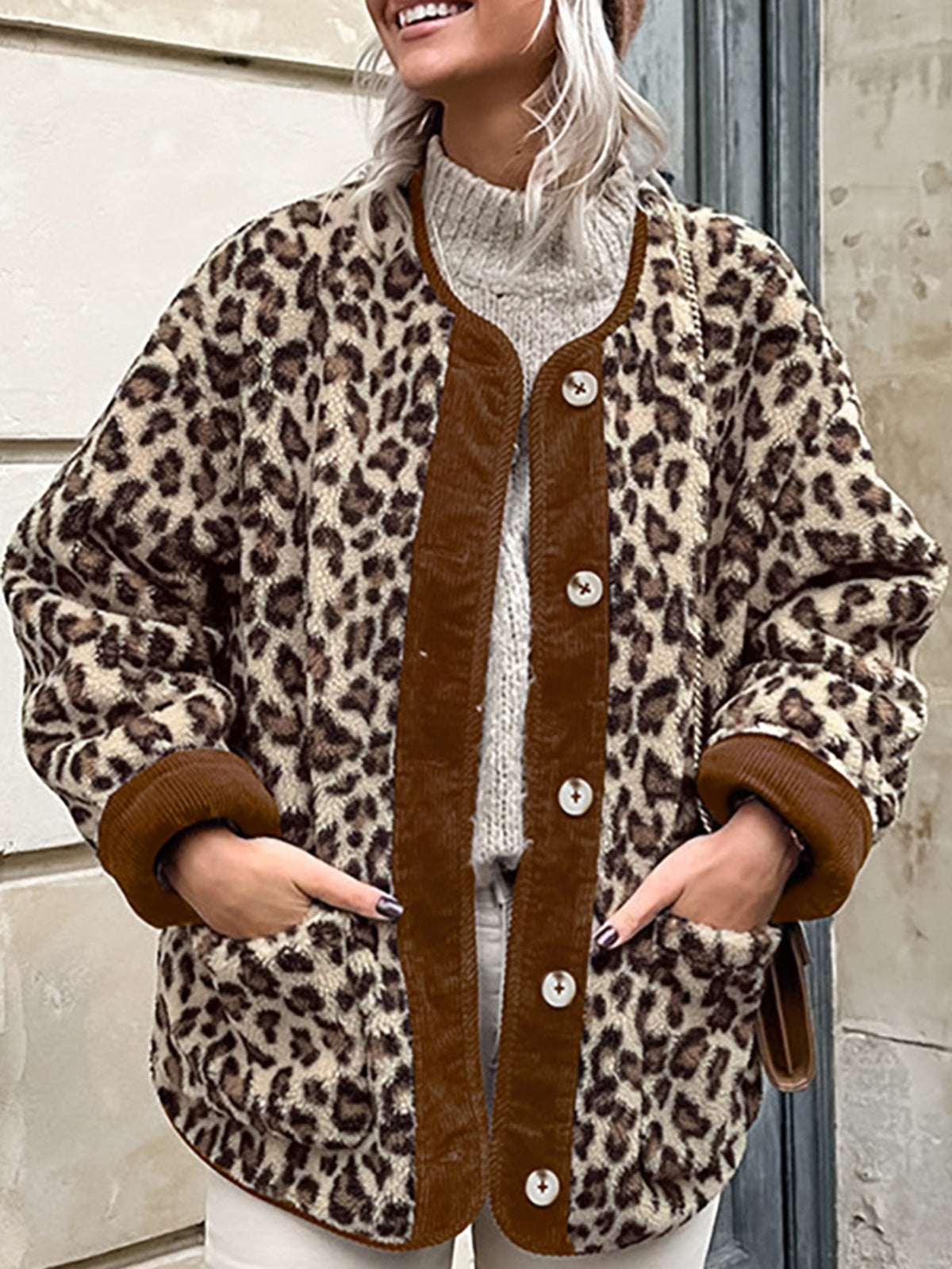 Kontrast Kenar Minky Leopar Ceket Shine Aura