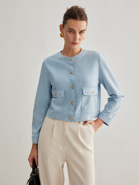 Round Neck Buttoned Short Jacket 