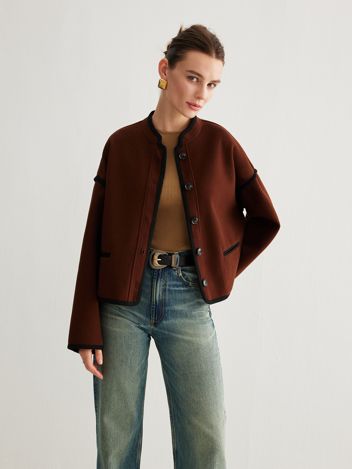 Minimalist Kontrast Şeritli Tweed Ceket Shine Aura