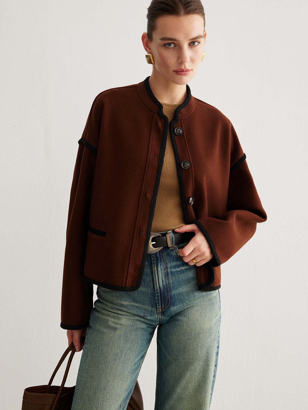Minimalist Kontrast Şeritli Tweed Ceket Shine Aura
