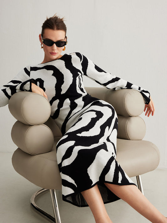Zebra Bell Sleeve Sweater Dress 
