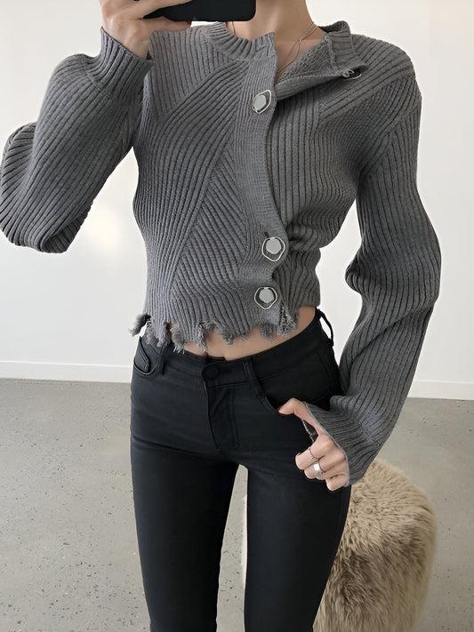 Asymmetrical Tassel Button Knit Top Shine Aura