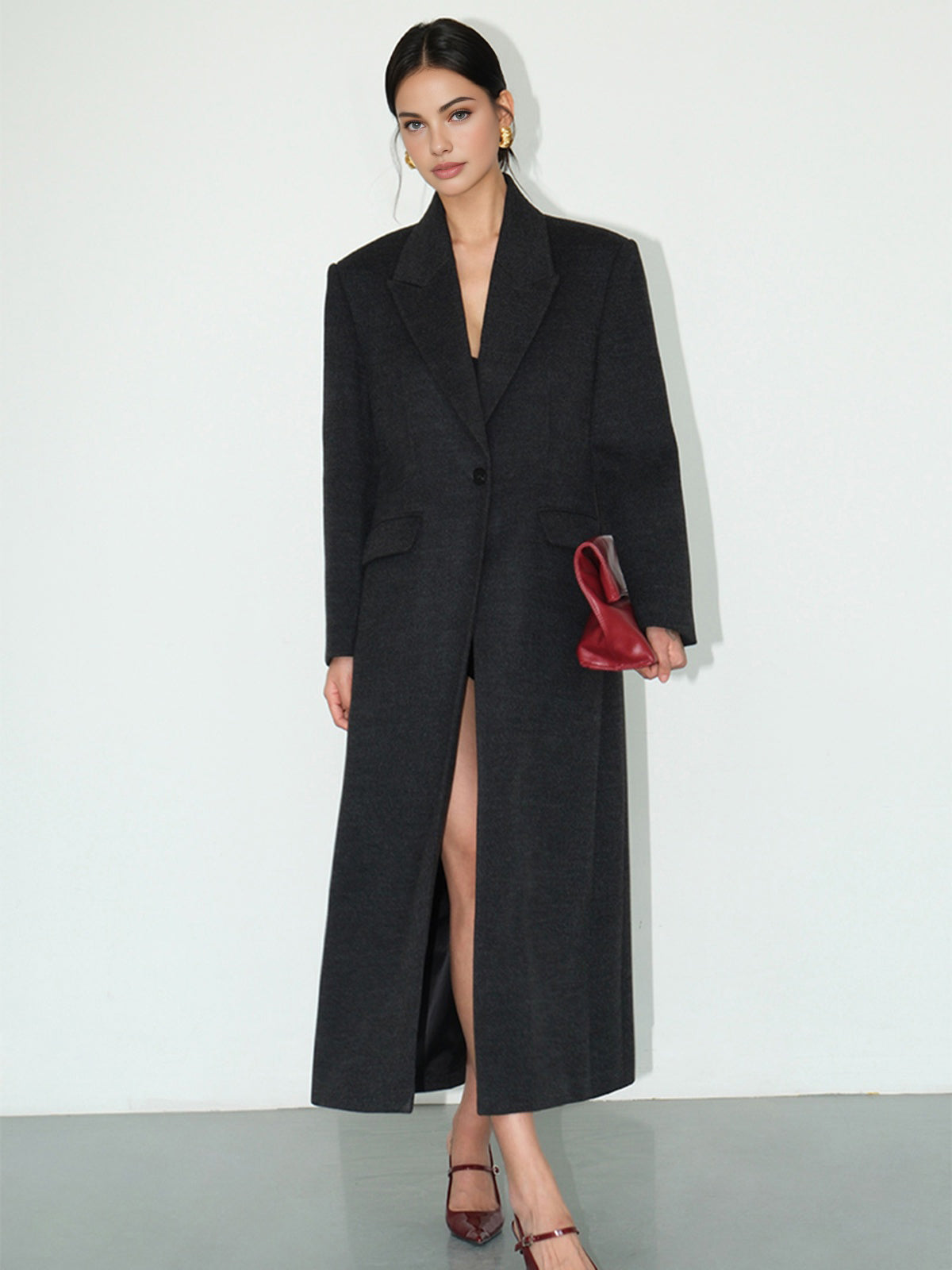 Minimalist Düğmeli Açık Uzun Kaban Shine Aura