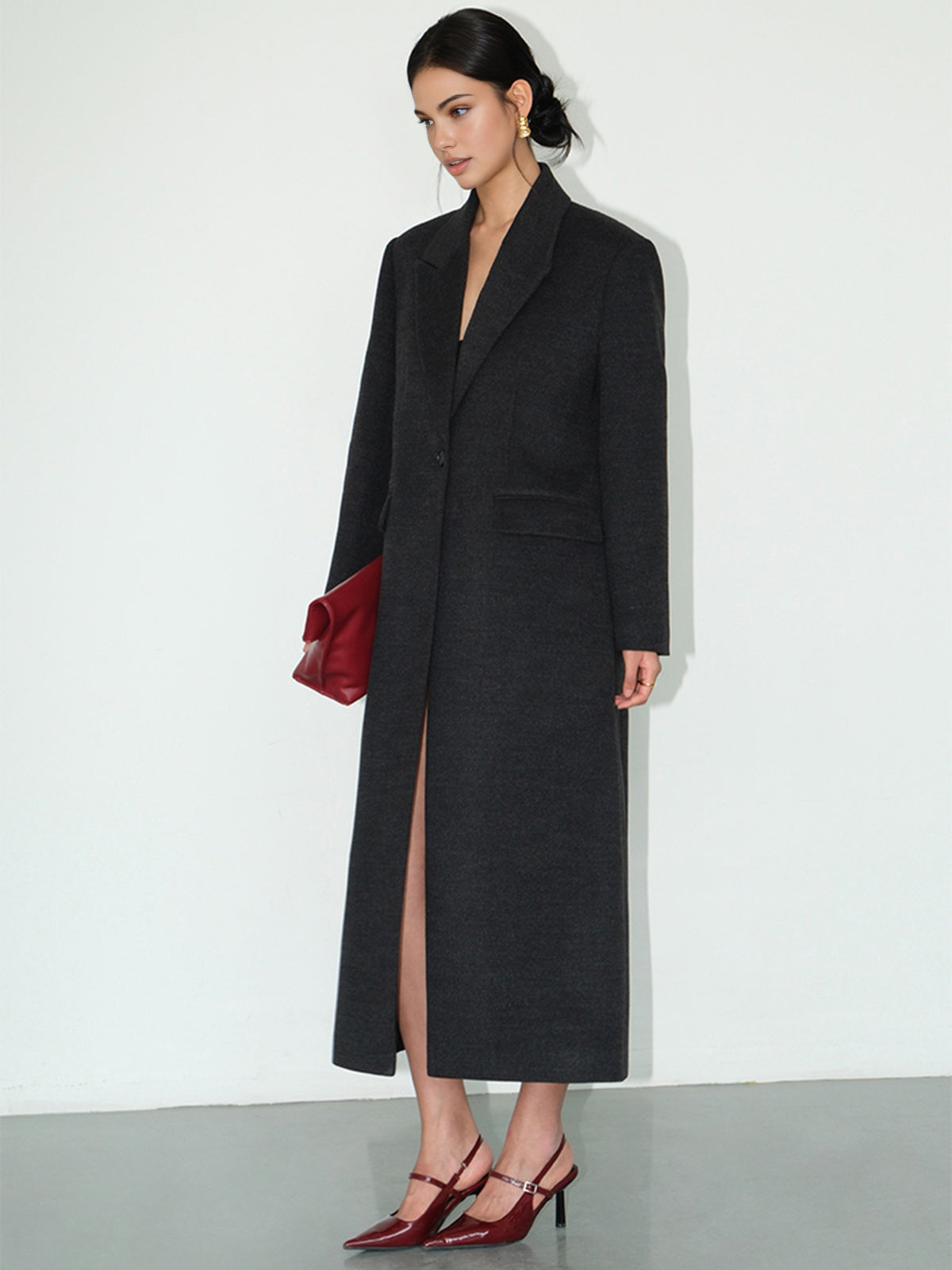 Minimalist Düğmeli Açık Uzun Kaban Shine Aura