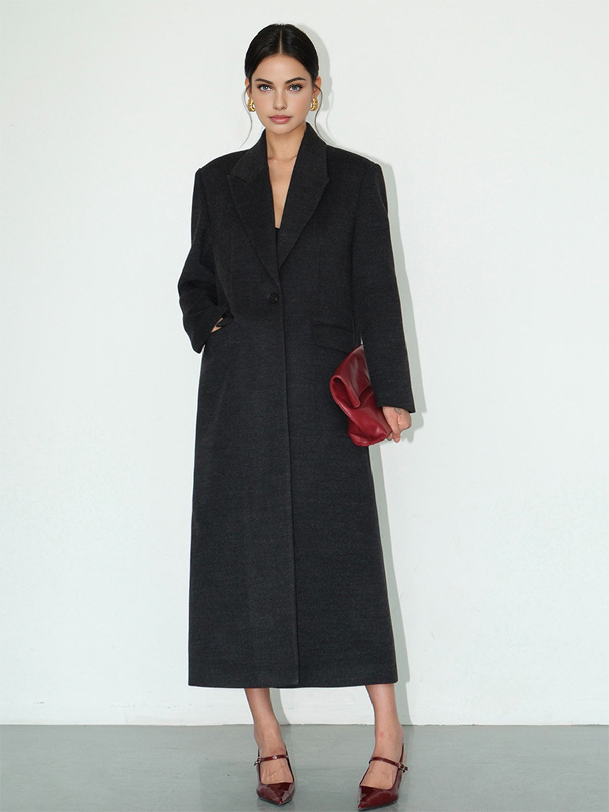 Minimalist Düğmeli Açık Uzun Kaban Shine Aura