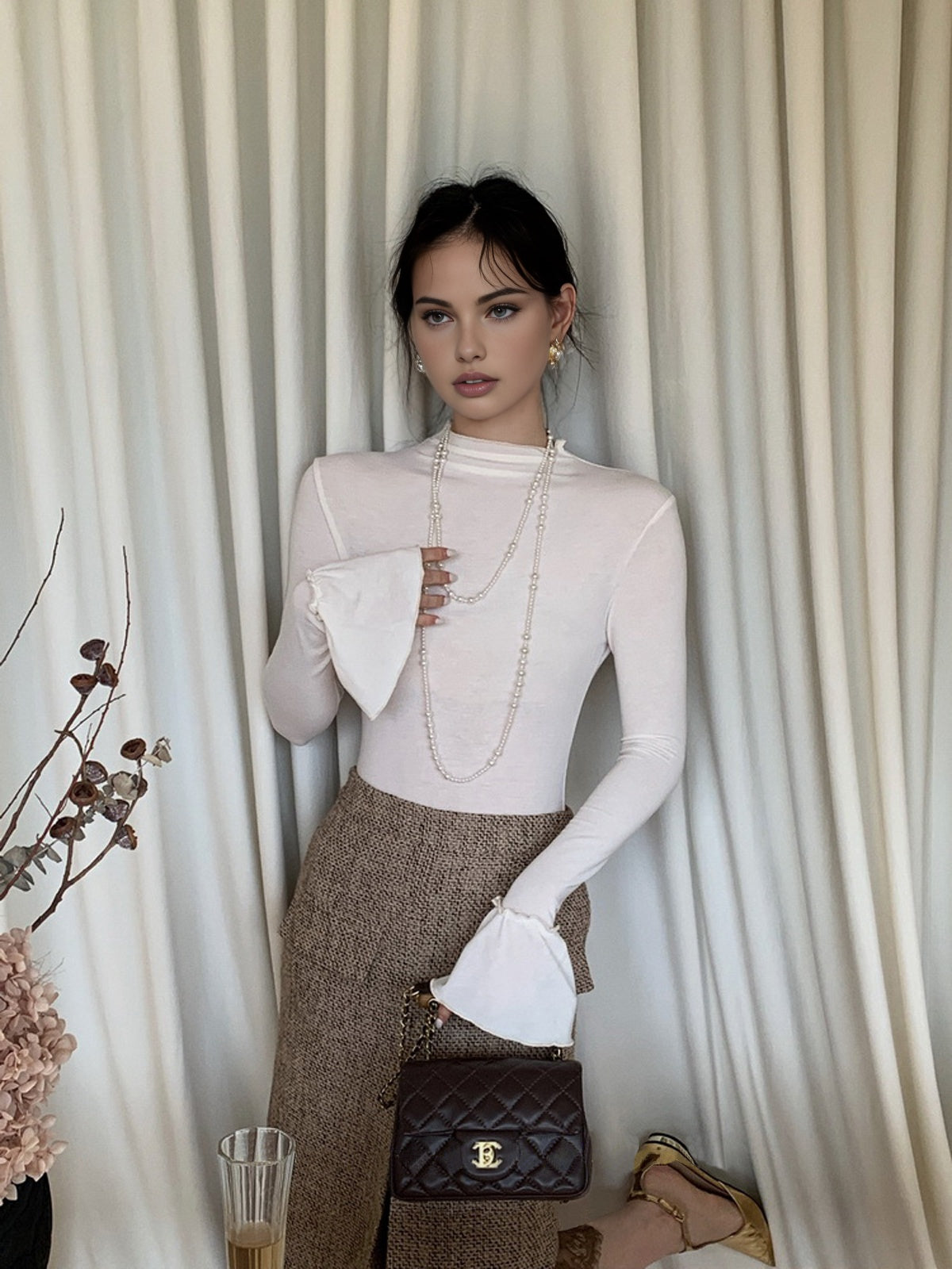 Plain Ruffle-Cuff Jersey Top Shine Aura