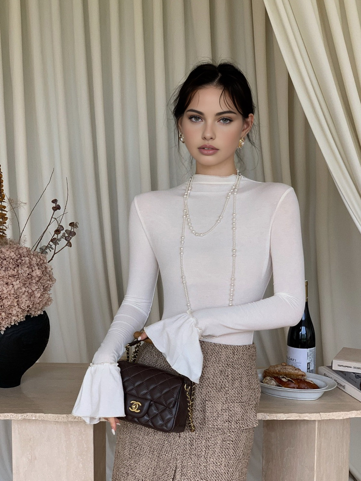 Plain Ruffle-Cuff Jersey Top Shine Aura