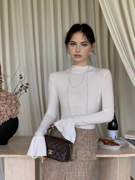 Plain Ruffle-Cuff Jersey Top Shine Aura
