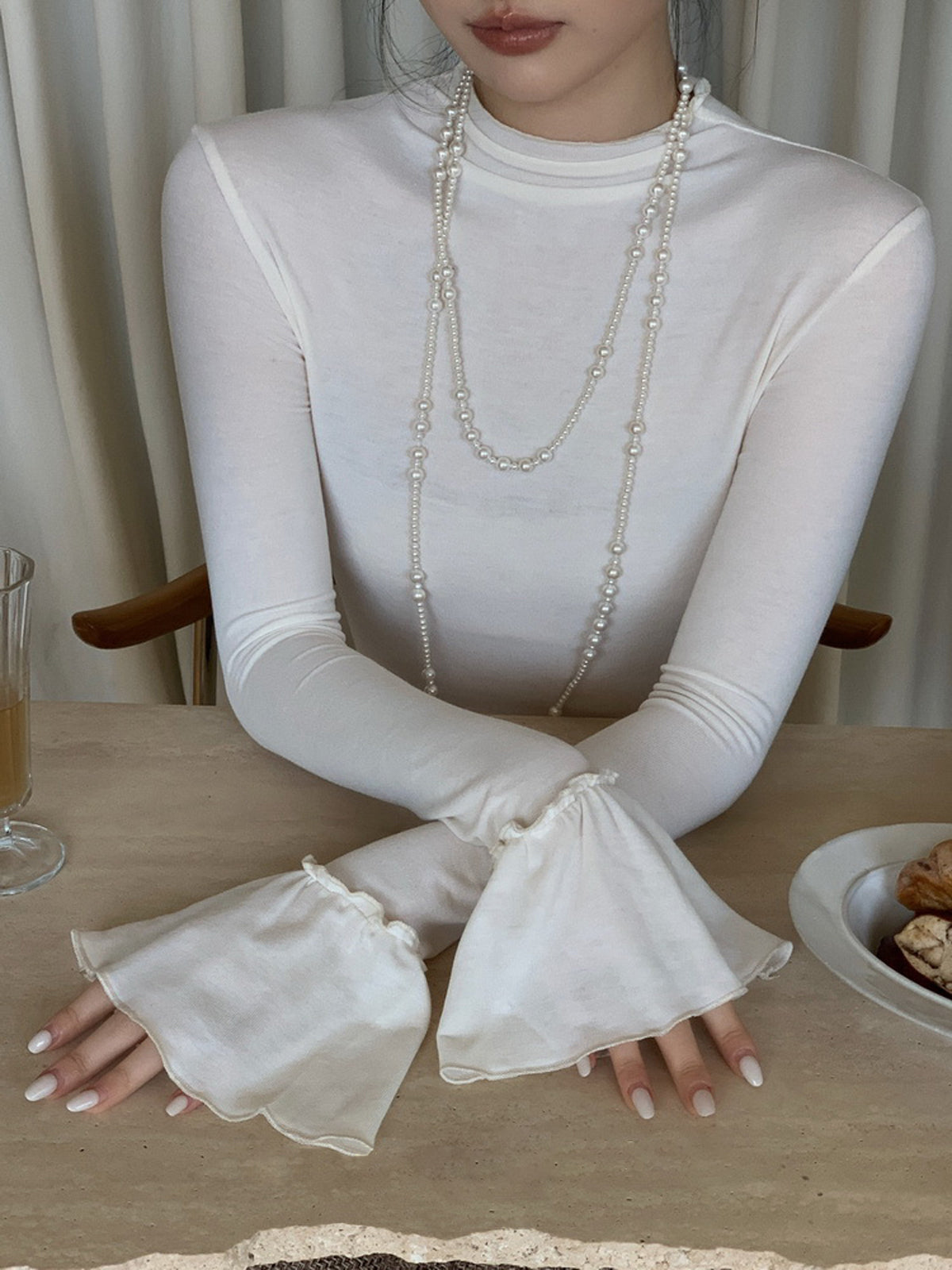 Plain Ruffle-Cuff Jersey Top Shine Aura
