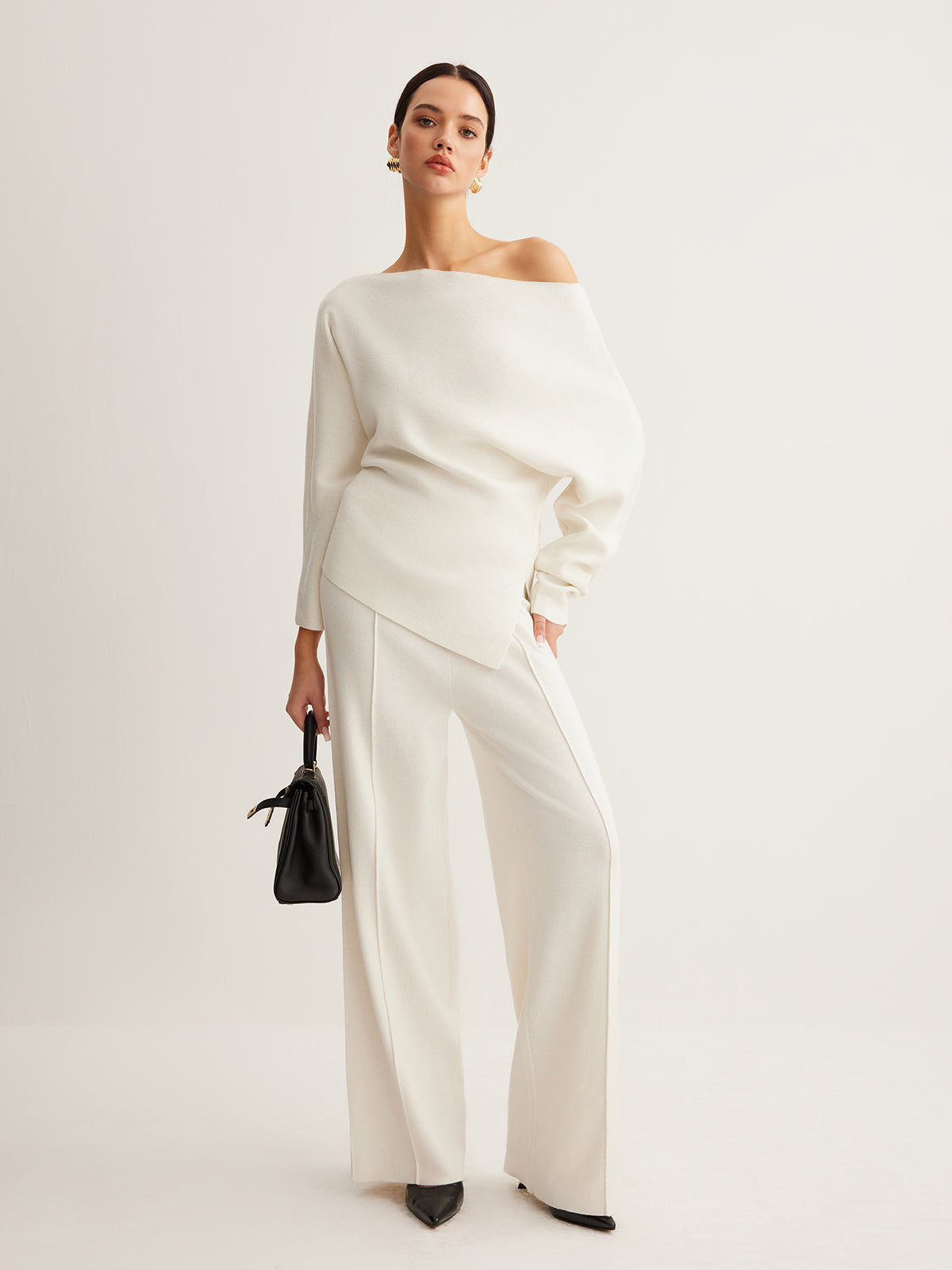 Wool-Blend Asymmetrical Neck Knit Top Shine Aura