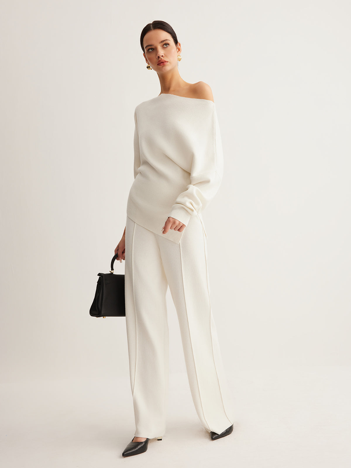 Wool-Blend Asymmetrical Neck Knit Top Shine Aura
