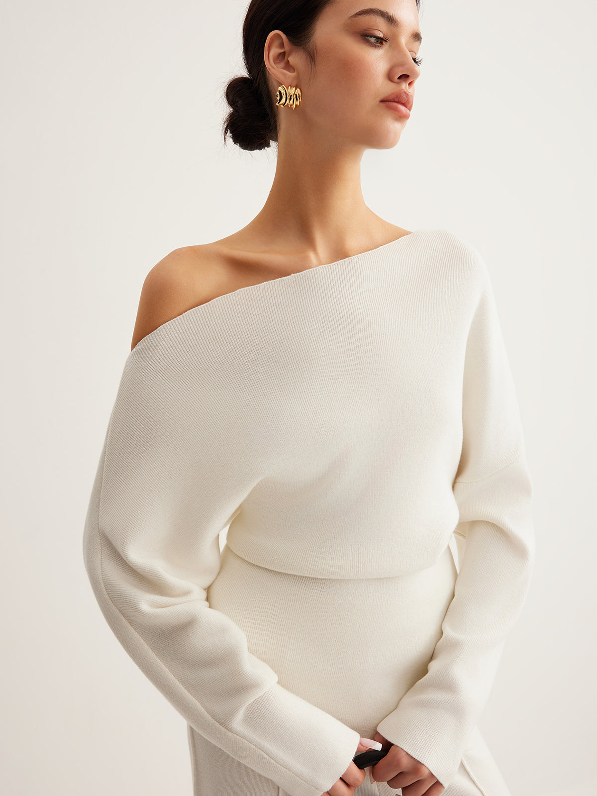 Wool-Blend Asymmetrical Neck Knit Top Shine Aura