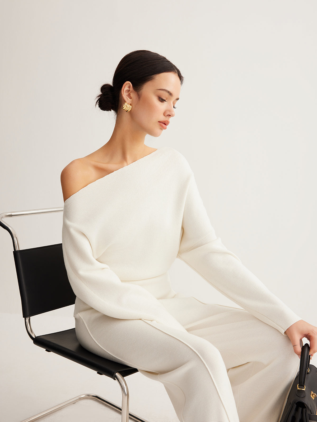 Wool-Blend Asymmetrical Neck Knit Top Shine Aura