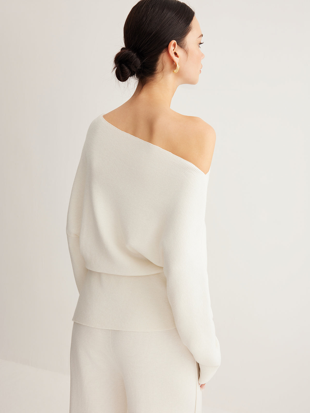 Wool-Blend Asymmetrical Neck Knit Top Shine Aura