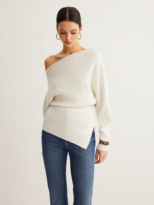 Wool-Blend Asymmetrical Neck Knit Top Shine Aura