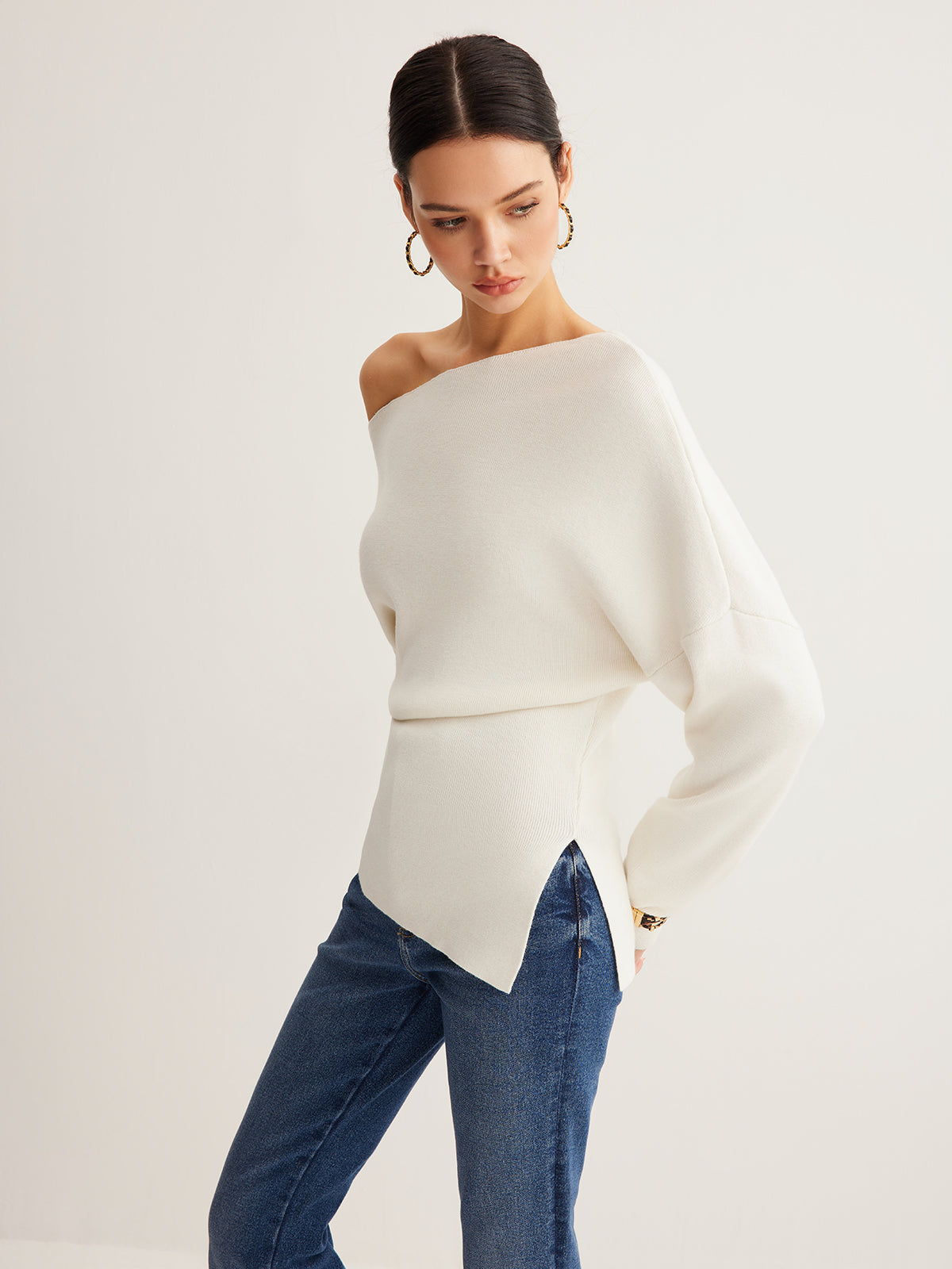 Wool-Blend Asymmetrical Neck Knit Top Shine Aura