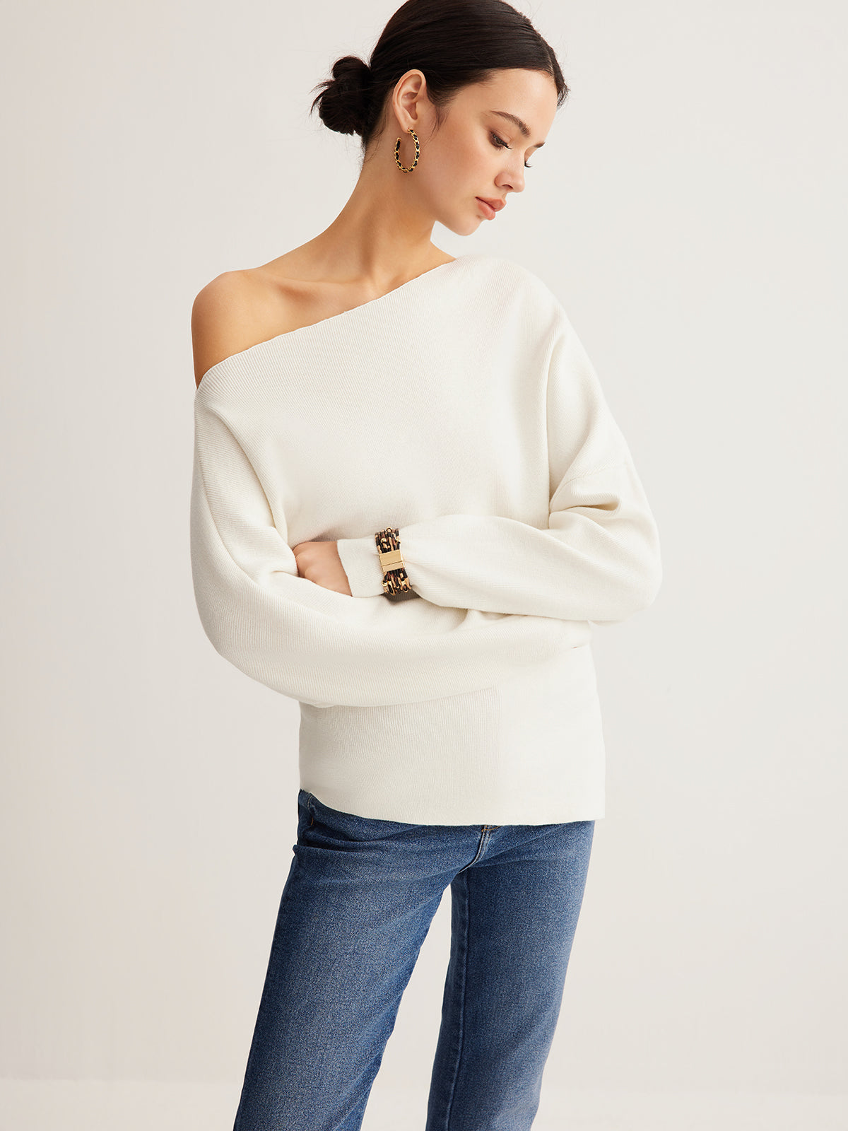 Wool-Blend Asymmetrical Neck Knit Top Shine Aura