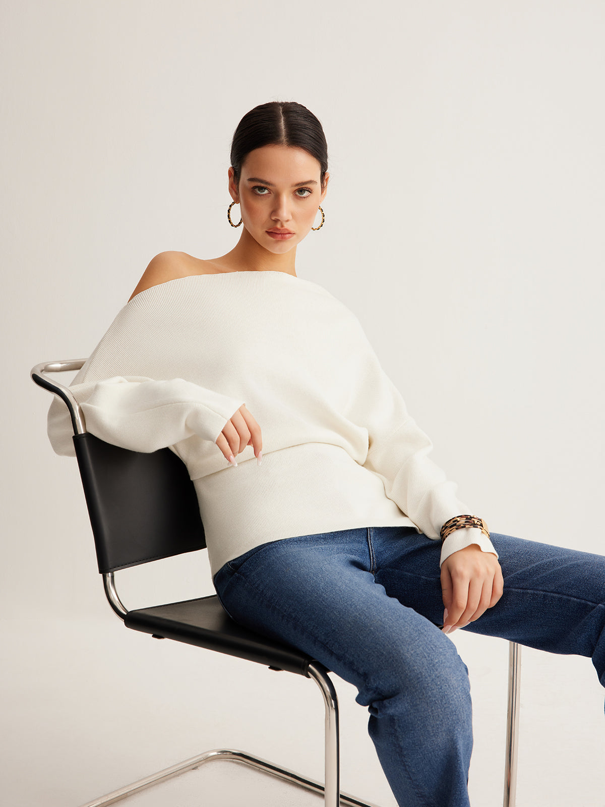 Wool-Blend Asymmetrical Neck Knit Top Shine Aura