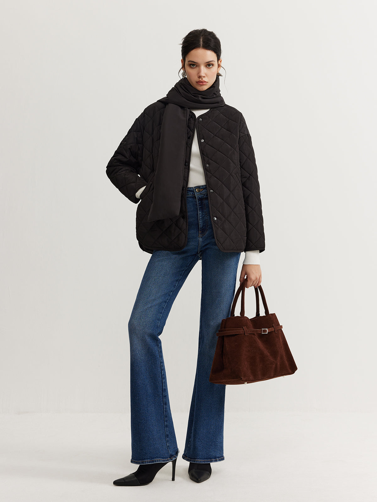 Düz Karo Düğmeli Kış Kabanı Şal ile Shine Aura