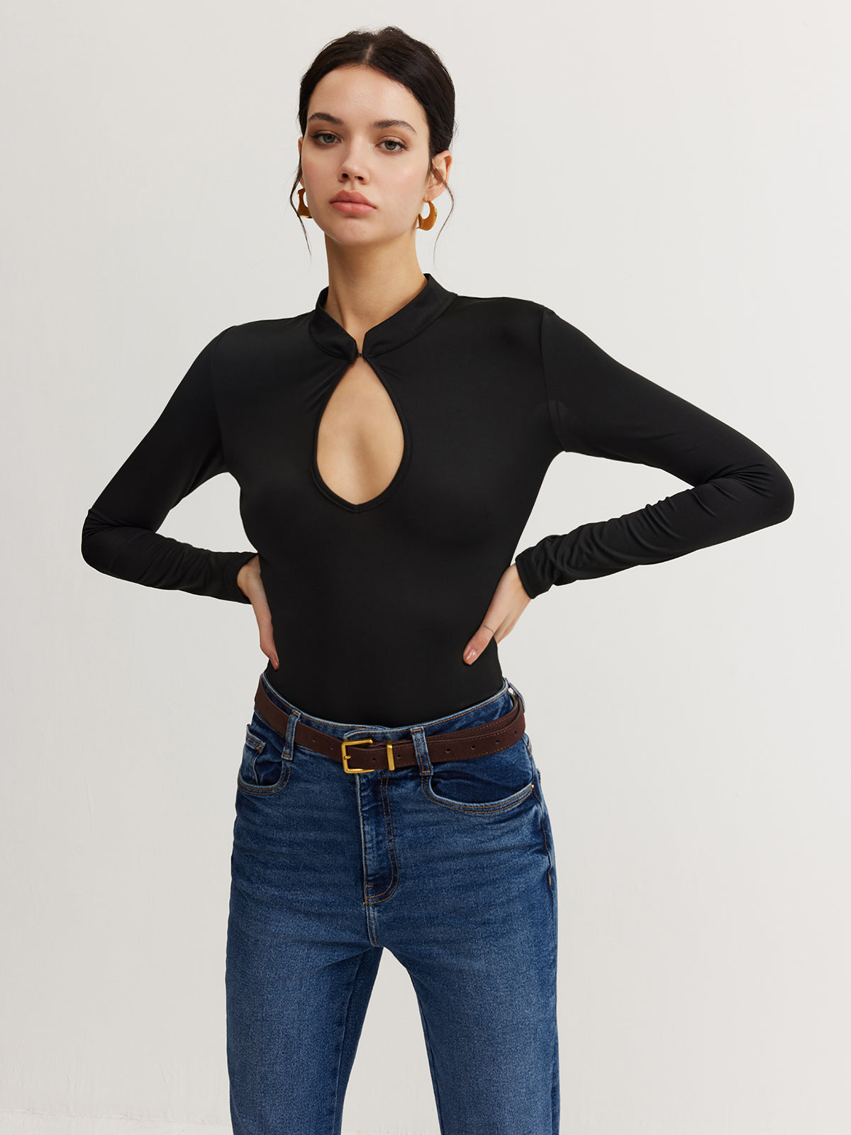 Anahtar Delik Yaka İnce Bodysuit Shine Aura