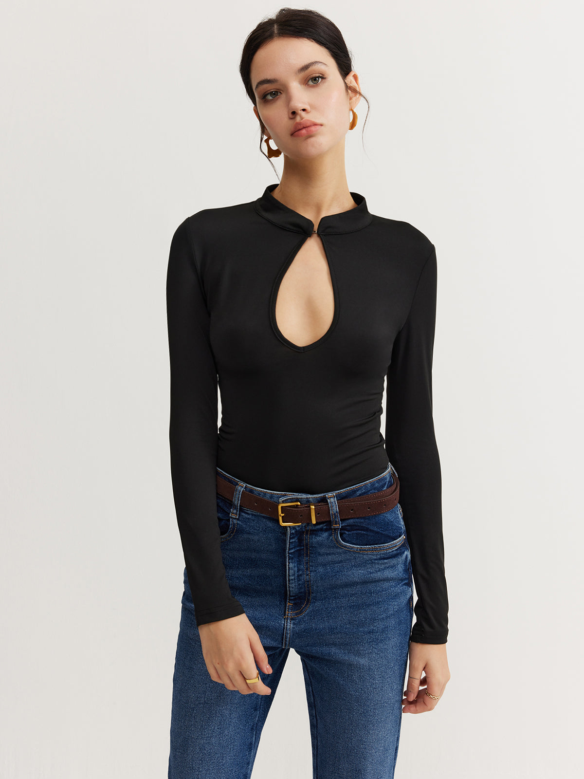 Anahtar Delik Yaka İnce Bodysuit Shine Aura