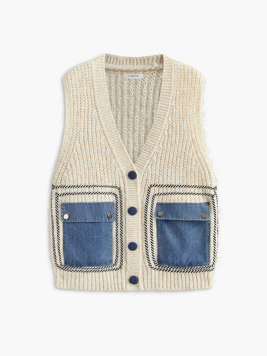 Denim Cepli V Yaka Süveter Shine Aura