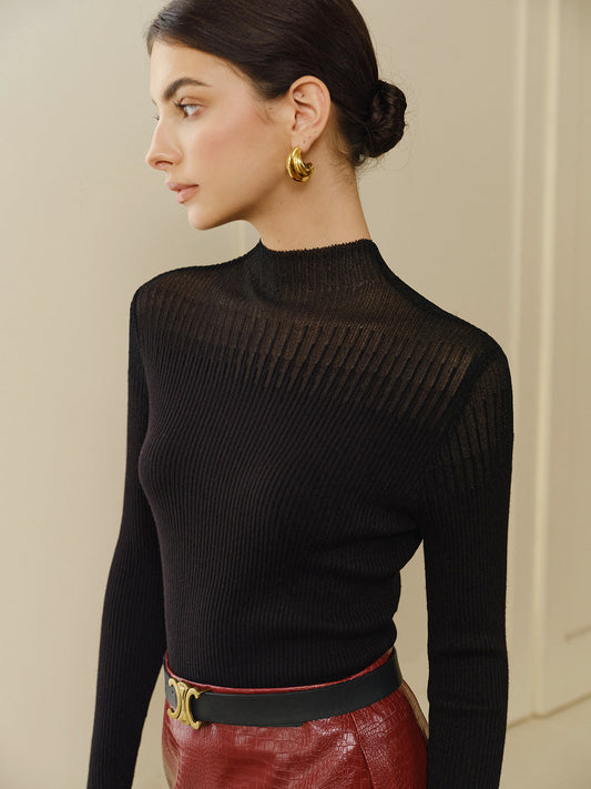 Stand Collar Panel Knit Top Shine Aura