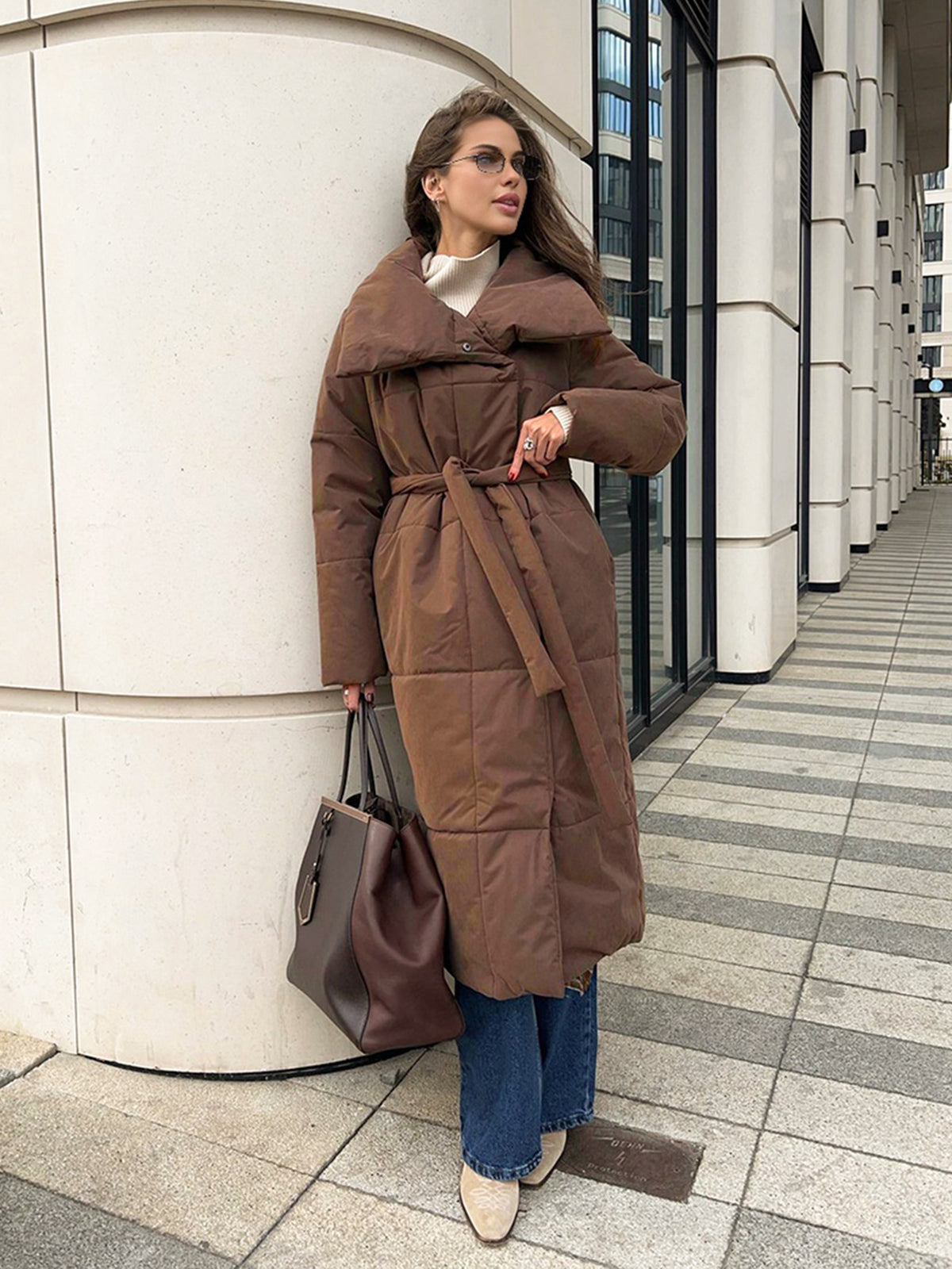 Quilted Long Winter Coat With Belt Shine Aura