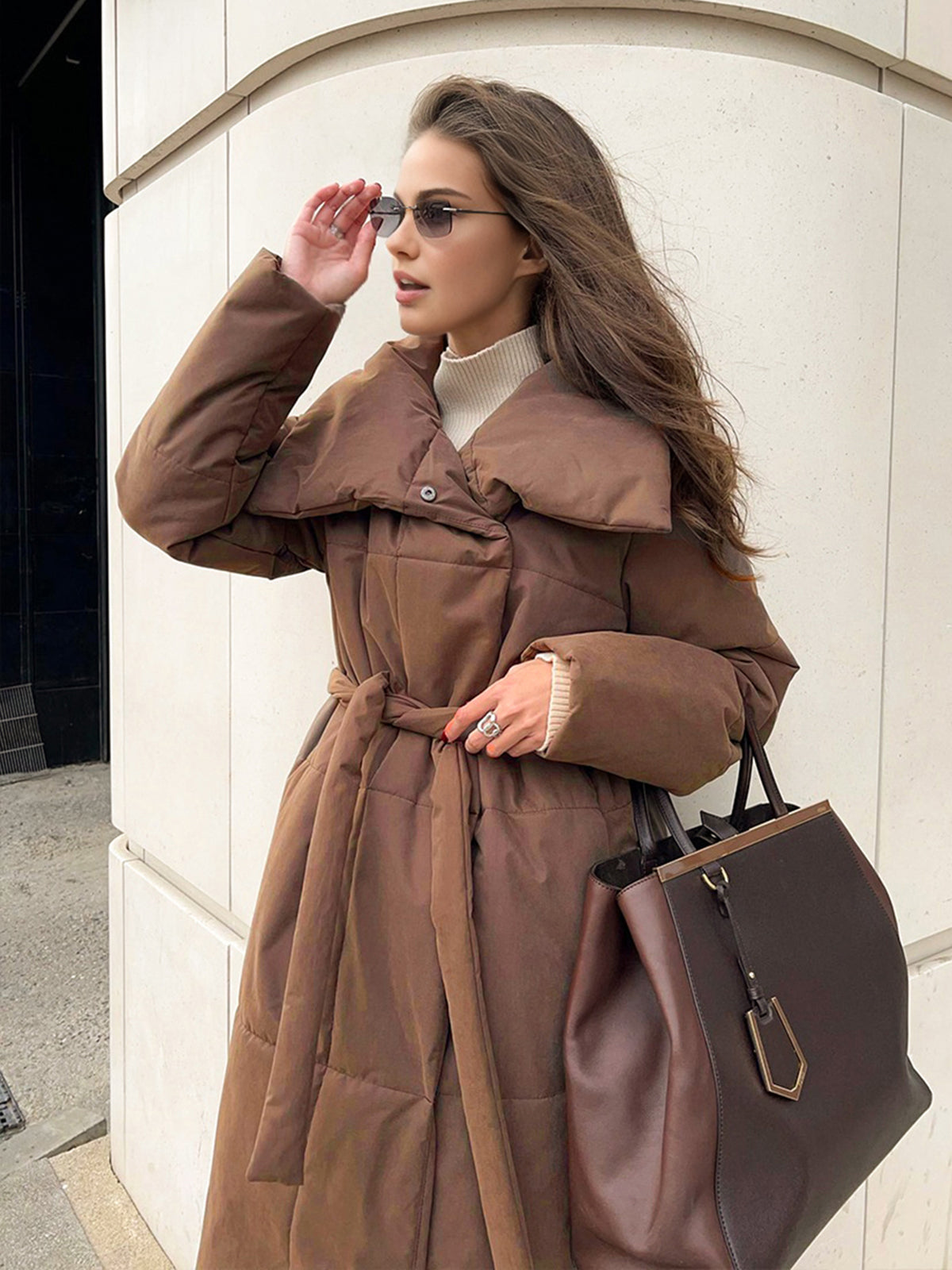 Quilted Long Winter Coat With Belt Shine Aura