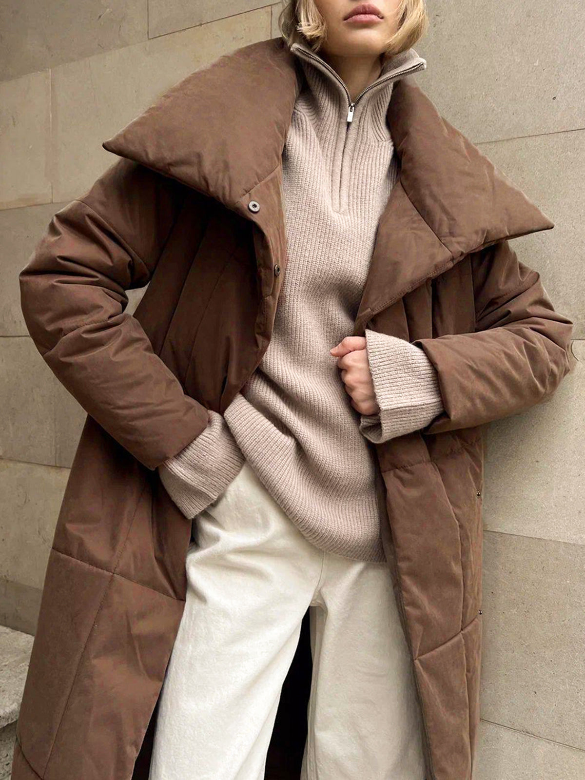 Quilted Long Winter Coat With Belt Shine Aura