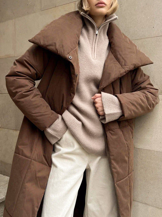 Quilted Long Winter Coat With Belt Shine Aura