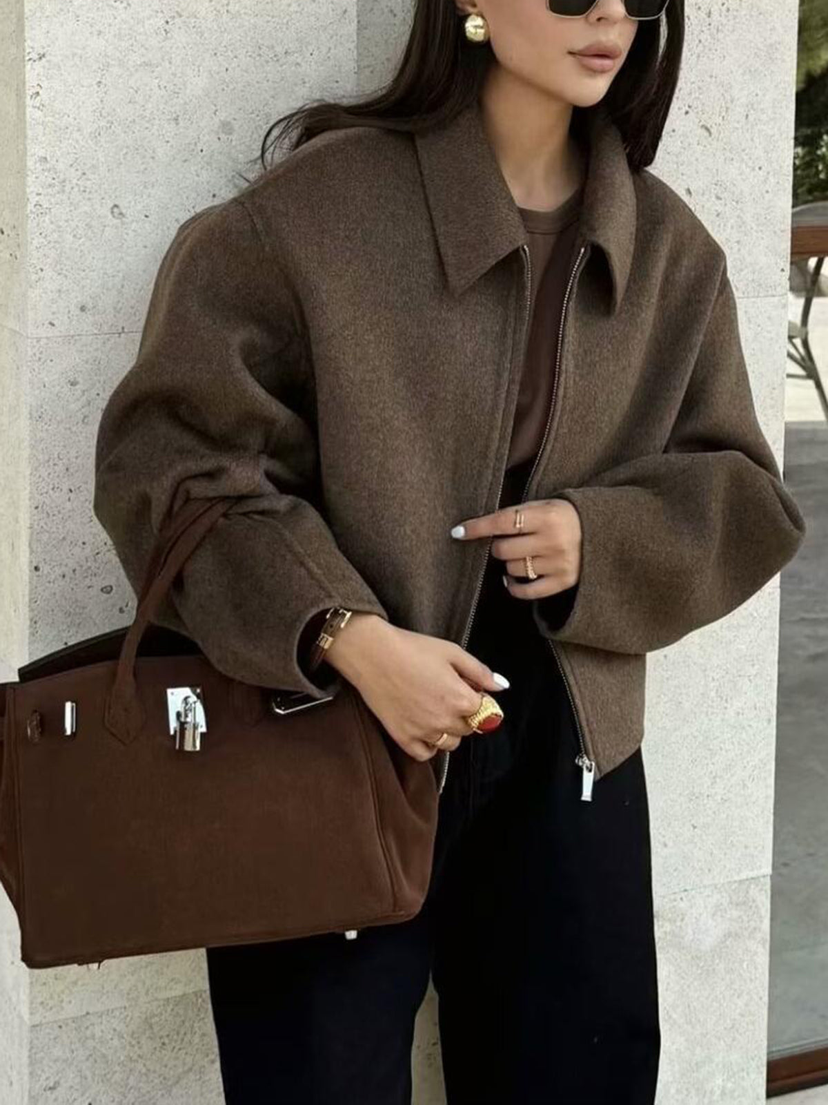 Düz Fermuarlı Tweed Ceket Shine Aura