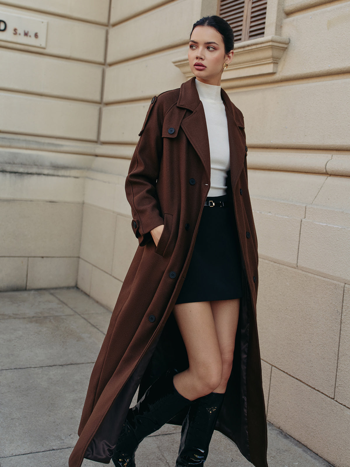 Eğlence Kuşaklı Kumaş Uzun Kaban Shine Aura