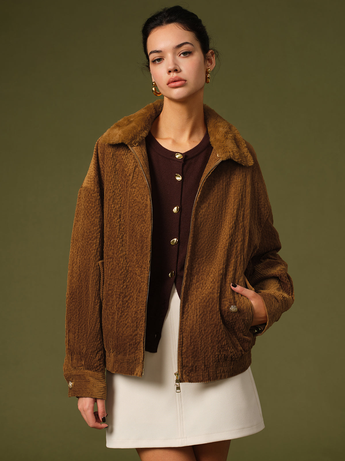 Retro Kadife Fermuarlı Ceket Shine Aura