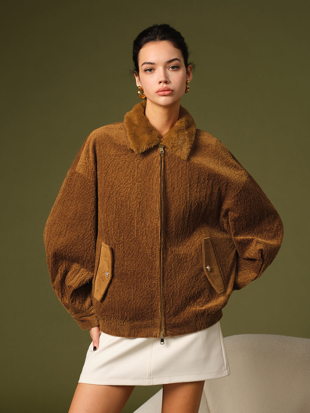 Retro Kadife Fermuarlı Ceket Shine Aura