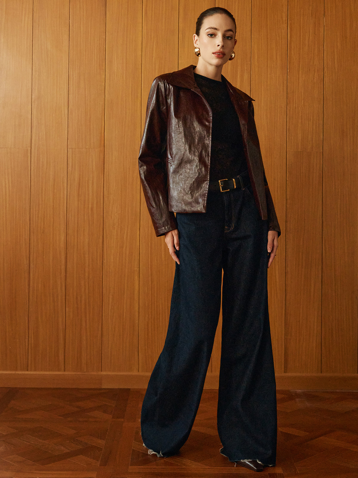 Suni Deri Fermuarlı Kısa Polo Ceket Shine Aura