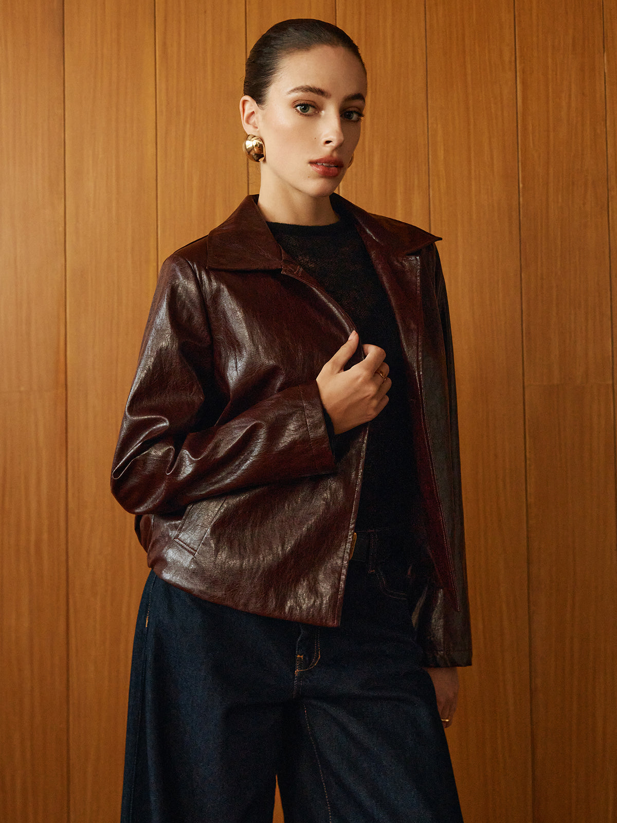 Suni Deri Fermuarlı Kısa Polo Ceket Shine Aura