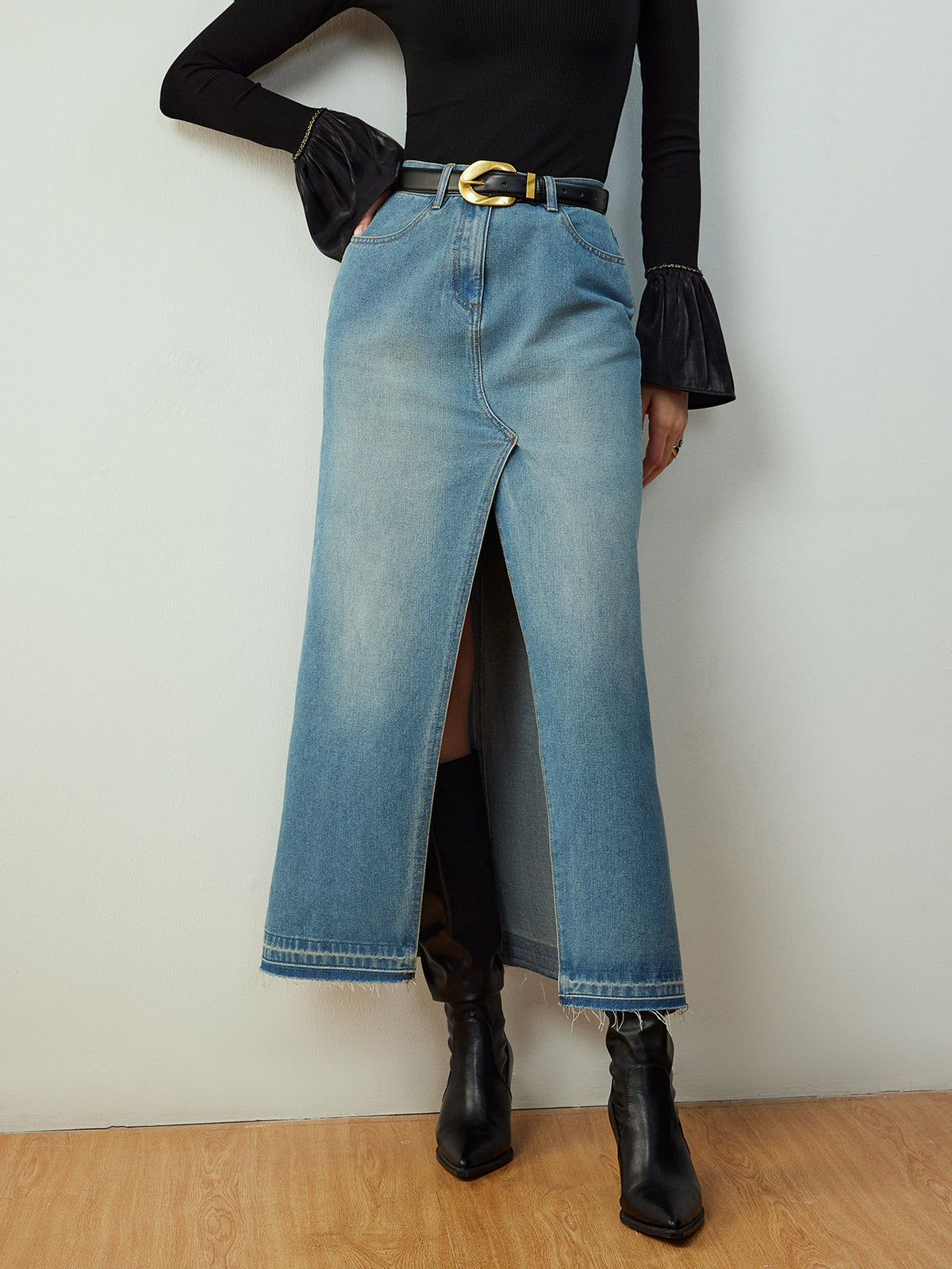 Belt Olmadan Yırtmaçlı Denim Cep Etek Shine Aura
