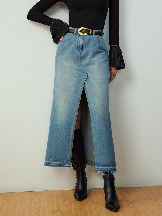 Belt Olmadan Yırtmaçlı Denim Cep Etek Shine Aura