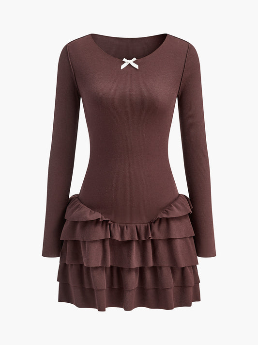 Round Neck Flounce Slim Knit Dress 
