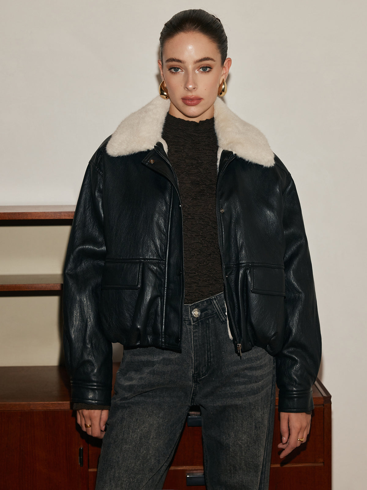 Polar Astar Yalıtımlı Suni Deri Fermuarlı Ceket Shine Aura