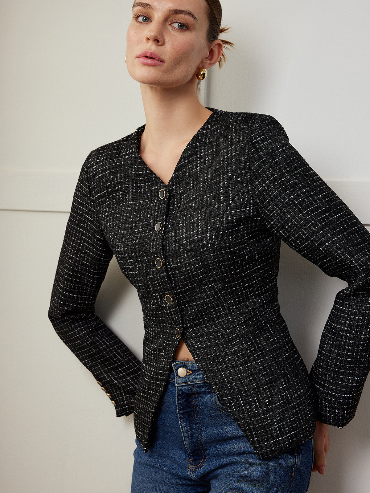 Şık Ekose Düğmeli Slim Fit Ceket Shine Aura