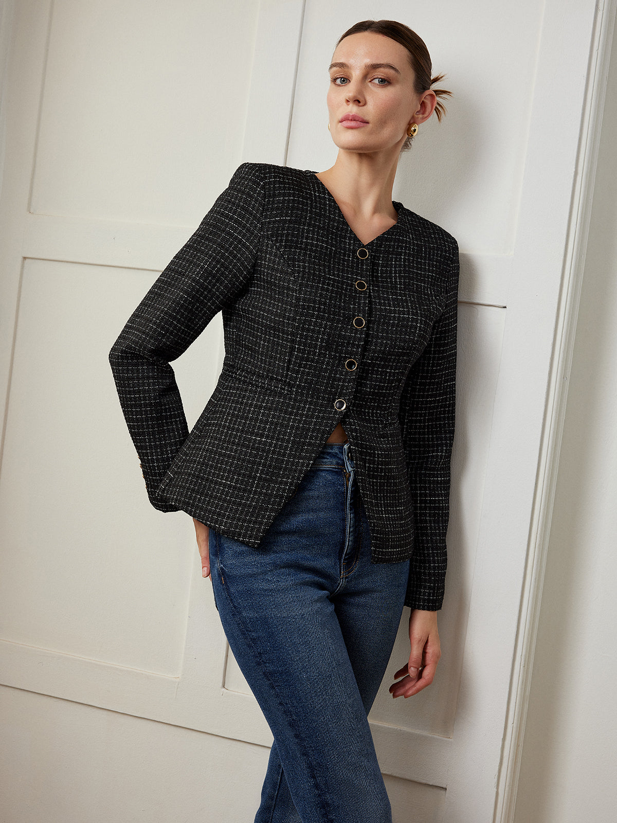 Şık Ekose Düğmeli Slim Fit Ceket Shine Aura