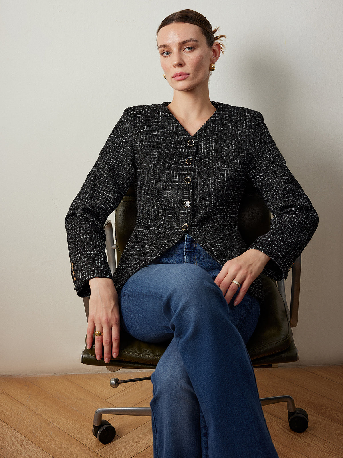 Şık Ekose Düğmeli Slim Fit Ceket Shine Aura