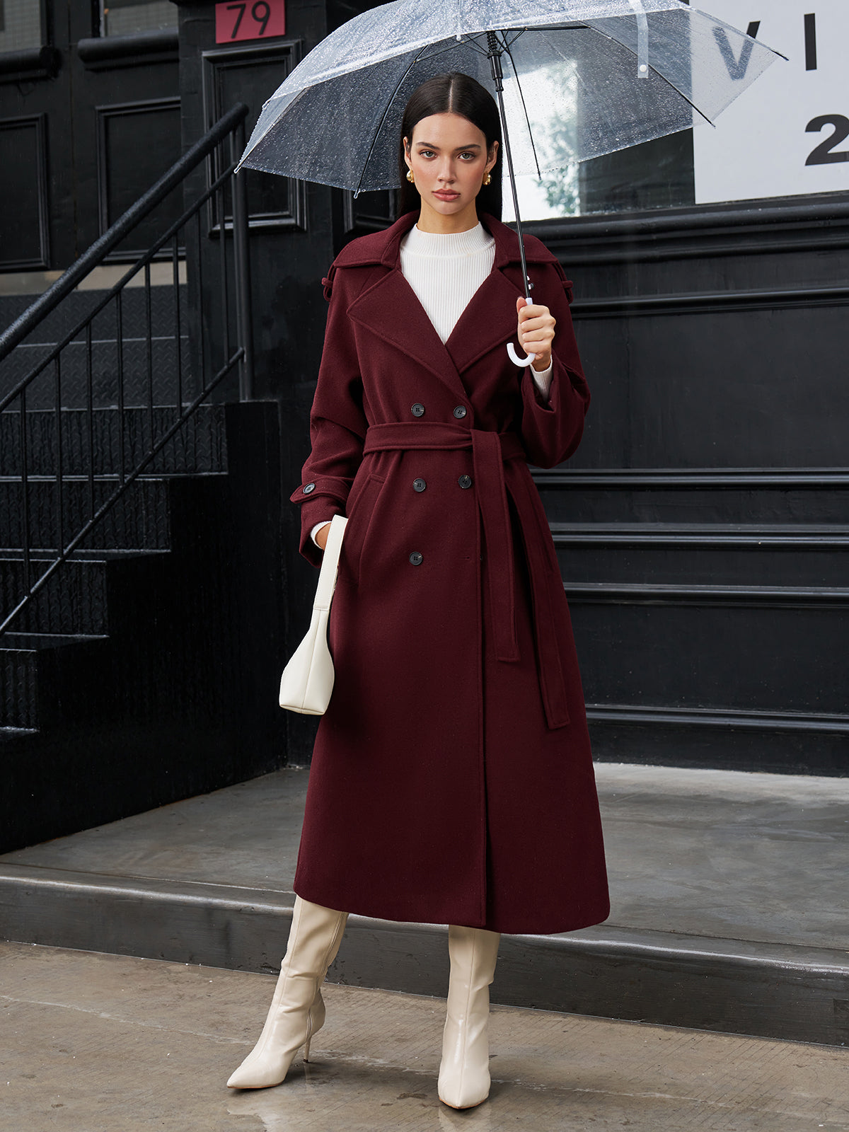 Şık Klasik Keten Uzun Kab Coat Shine Aura
